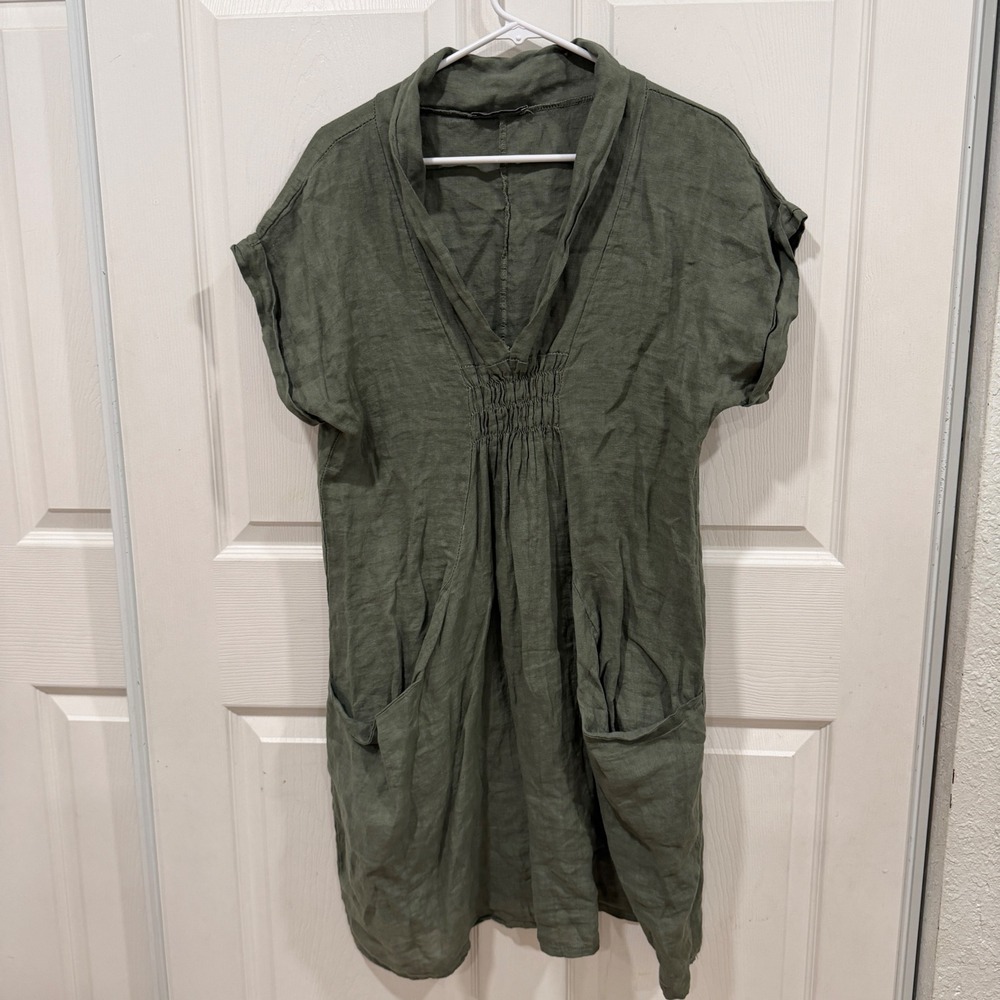 Meo Meli Olive Green Italian Linen V-Neck Tunic Dress with Pockets Smocked Front